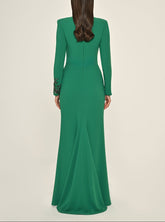 Long-sleeve column dress with draped neckline and beaded inset – EMELAR